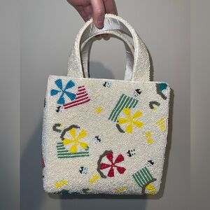 Colorful White Summer Umbrella Beach Beaded Tote Bag Made in India